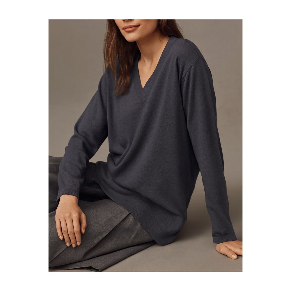 ALLUDE Blue 100% Virgin Wool Deep V-Neck Oversized Slouchy Classic Sweater, XS